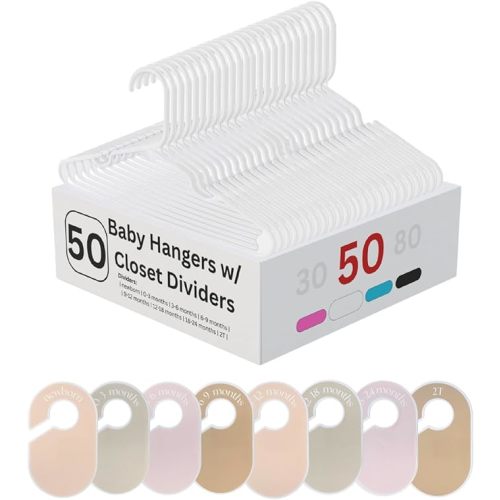 50 Pack Baby Hangers – Includes 8 Closet Dividers – Non-Slip Durable Hangers for Infant Clothes & Nursery Organization (White, 50)