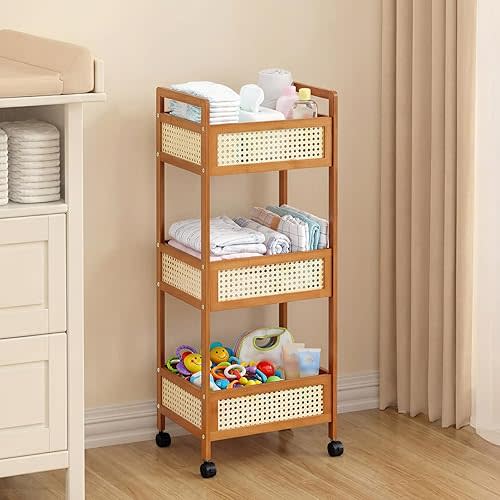 3 Tier Bamboo Resin Rolling Diaper Caddy, Boho Mobile Baby Storage Organizer Cart with Locking Wheels for Nursery and Home
