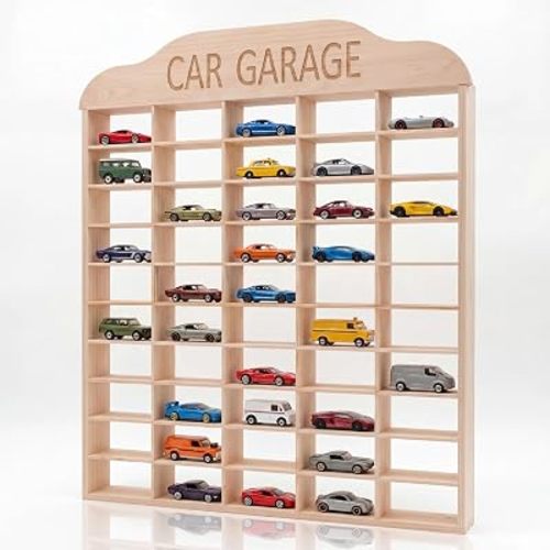 Seenelling Wooden Display Case for Hot Diecast Wheels, 50 Spaces, Wall Mount, 1/64 Scale, Toy Car Storage Display Shelf, Model Car Storage Organizer, Cabinet for Model Collectible(Wood Color)