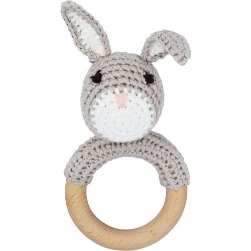 Joliecraft Natural Wooden Baby Rattle Soft Shaker Toy with Teething Ring for Infants Gray Bunny