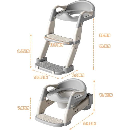 3-in-1 Potty Training Seat & Training Toilet & Potty Chair, Height AdjustableToddler Toilet Seat for Kids, Foldable Potty Training Toilet with Splash Guard & Anti-Slip Steps (Gray)