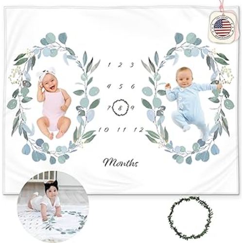 Twins Monthly Milestone Blanket - Soft Fleece Eucalyptus Leaves Design - Gender Neutral for Boys or Girls, Baby Shower Nursery Decor, Twin Essentials, 50x40