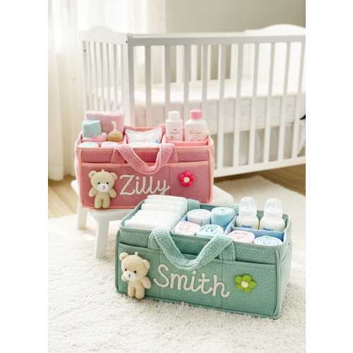 Personalized Baby Diaper Caddy Organizer: Custom Embroidered Name, Teddy Charm