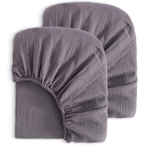NTBAY 2 Pack Muslin Cotton Crib Sheets, Soft and Breathable Double Layer 28x52 Baby Crib Sheets for Standard Crib and Toddler Mattresses, Boys, Girls, Unisex, Greyish Purple, 28x52 Inches
