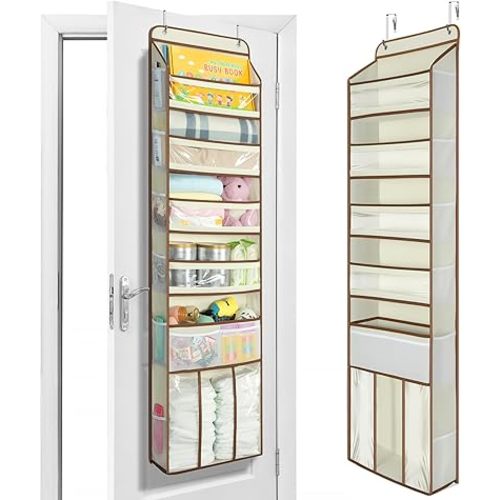 Yecaye 6-Tier Over the Door Organizer with Detachable Bin, Door Hanging Organizer with Clear Windows, Over the Door Storage for Bedroom Closet Nursery Bathroom Pantry Baby Essentials, Beige