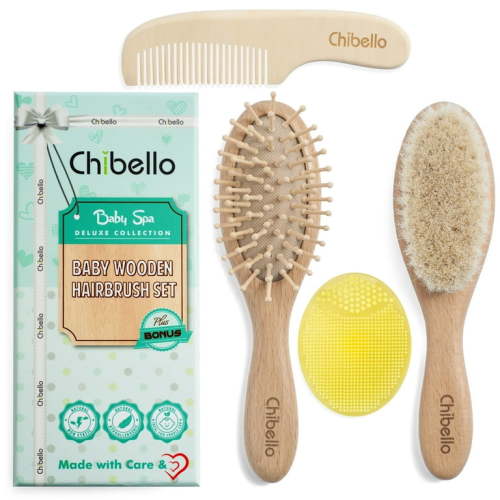 Chibello Baby Wooden Hairbrush Set, includes Soft Goat Bristles Hairbrush for Cradle Cap Treatment, 4 Piece Set