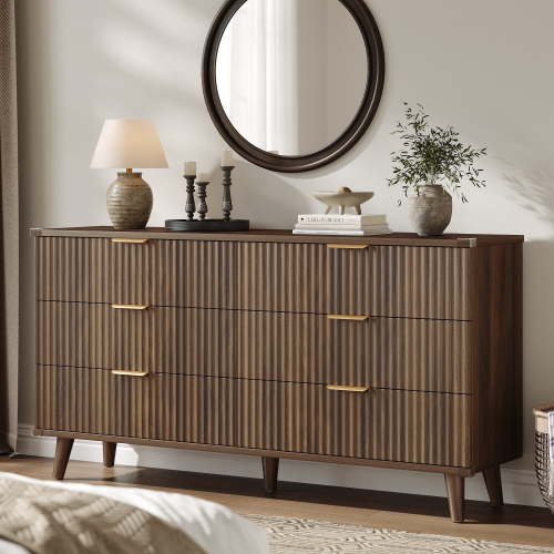Laintene 6 Drawer Dresser for Bedroom, 53" Wide Dressers & Chest of Drawers, Boho Fluted Dresser with Wave Panel Design, Modern Storage Dressers Organizer for Living Room,Walnut
