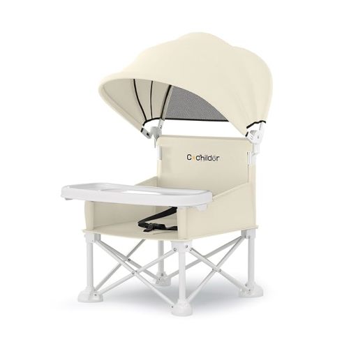 4-in-1 Portable Baby Chair, Foldable Toddler Booster Seat with Removable Tray, Canopy & Safety Harness, Beige