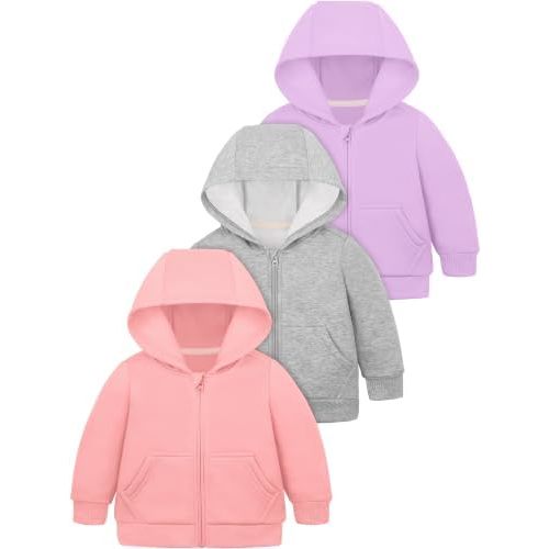 Cooraby 3 Pieces Baby and Toddler Girls Fleece Full-Zip Hoodies Lightweight Jacket with Pockets Winter Coat for Baby Girls
