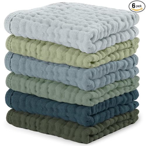 Comfy Cubs Muslin Baby Washcloths 6 Pack - Soft 6-Layer Cotton Wash Cloths for Sensitive Skin - 10"x10" Large, Gentle, Absorbent Infant Essentials for Newborn and Toddlers - Multi Boy