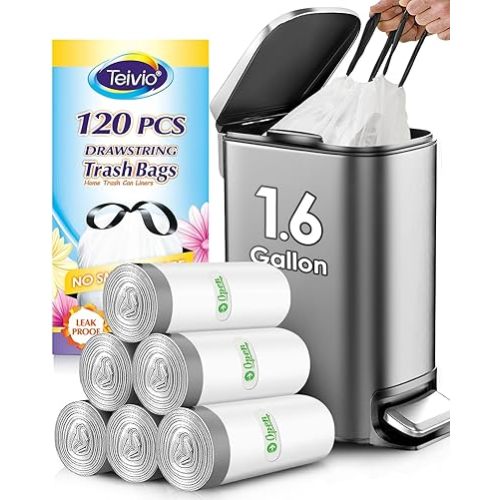 Teivio 1.6 Gallon 120 Counts Strong Drawstring Trash Bags Garbage Bags, Small Bathroom Trash Can Liners, Plastic Waste Basket Liners for Home Office Kitche, White