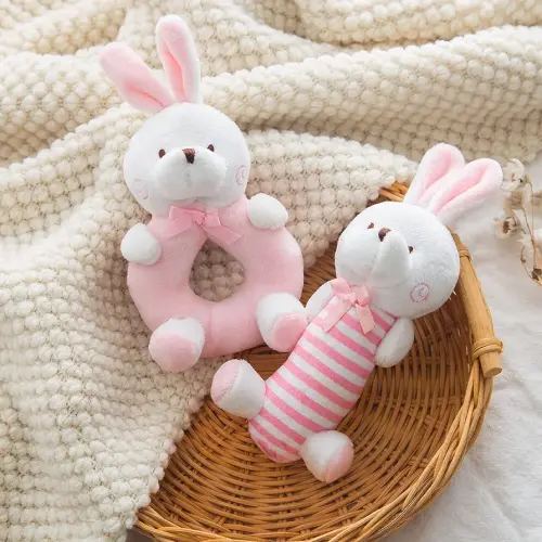 Plush Baby Soft Rattle Toys, Pink Bunny for Infants, First Stuffed Animal Shaker Set for Newborns, Soft Ring Sensory Toys for Infant Boys Girls, Baby Shower Gifts, 2 PCS