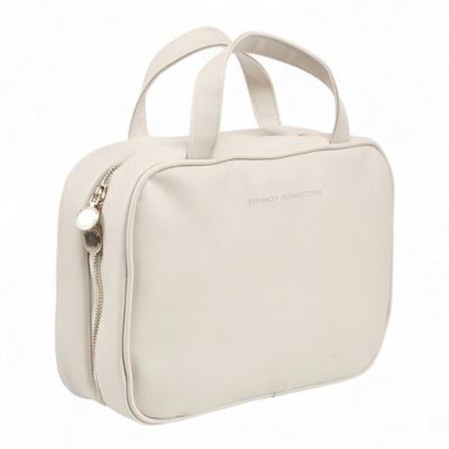 French Connection Travel Hanging Toiletry Case, Black — Saffiano Vegan‑Leather, Gold‑Tone Zip & Locking Hook in Natural