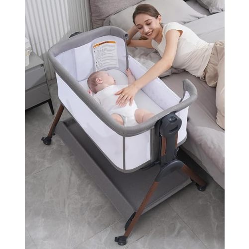 Baby Bassinet - Bassinet Bedside Sleeper,3-in-1 Bedside Bassinets for Baby,Rocking Bassinet with Mattress,Wheels,All Mesh Sides& Storage,6 Height Adjustable Crib,ASTM Certified(Mesh Grey)
