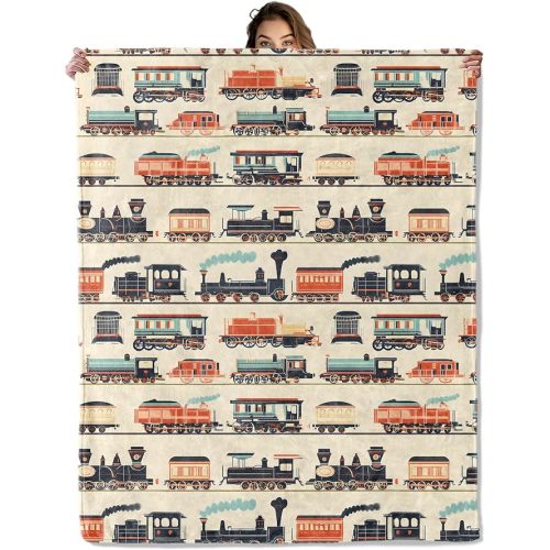 Vintage Train Pattern Blanket 50x60 in, Flannel Throw Blankets for Travel Camping Sofa Living Room Decor, Lightweight Cozy Soft Fuzzy Gifts for Women Adults Kids