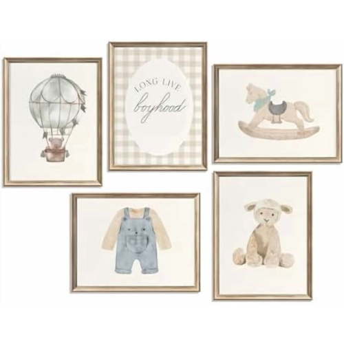 5Pcs Vintage Nursery Wall Art Vintage Blue Canvas Posters Bear Pictures Hot air balloon Toddler Art Prints Long Live Boyhood Wall Decor for Boy Nursery Baby Bedroom Kids Unframed