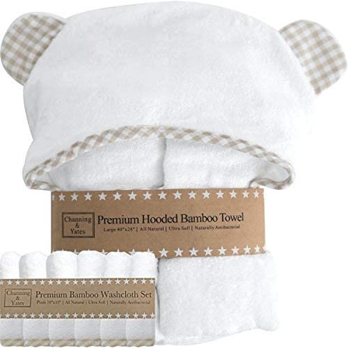 Channing & Yates - Premium Hooded Baby Towels and Washcloth Set - Organic Bamboo Baby Towel with Hood… (Beige Set)