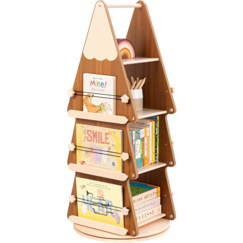 OOOK Pine Wood Kids Rotating Bookshelf Tower 4 Tier, 360°Display Floor Standing Tree Spinning Bookshelf Tower, Small Corner Bookcase for Small Spaces, Book Shelf for Kids Rooms, Classroom, Nursery