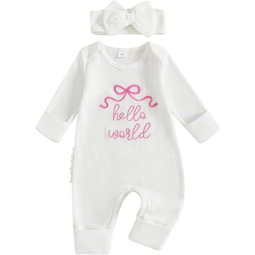 Nebworn Baby Girl Waffle Knit Romper Long Sleeve Ruffle Butt Onesie Fall Winter Clothes Coming Going Home Outfit