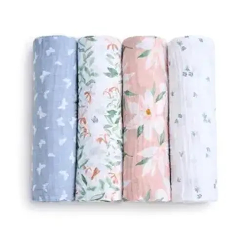 aden + anais Essentials Cotton Muslin Swaddle, Breathable Baby Blanket, Ideal for Boys, Girls, Newborns, Babies & Infants, Receiving Blanket, Soft and Lightweight Wrap, 4 Pack, Butterfly Garden