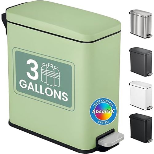 iTouchless 3 Gallon Small Wastebasket for Bathroom with Lid, Deodorizer, Soft-Step Stainless Steel Slim Garbage Bin, 11.5L Pastel Green Small Trash Can, Step Pedal Retro Soft-Toned Decor for Restroom