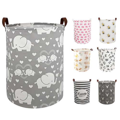 "EVNELE Large Laundry Basket, Collapsible Canvas Hamper, Waterproof Storage Organizer, Gray Elephants, 19.7""x15.7"