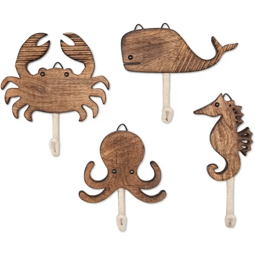 Crane Baby Sea Life Wooden Wall Hooks, Set of 4 Wood Wall Hooks, Ocean Nursery Decor, Wood Towel Hook, Kids Towel Hooks, Kids Coat Hooks, Kids Wall Hooks, Handmade Wooden Nursery Décor