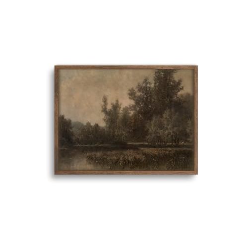 YSDPIC Vintage Forest Landscape Wall Art with Dark Wood Frame – 12x16 Inch Rustic Tree and Lake Painting, Curated Canvas Picture for Living Room, Study, Farmhouse, or Gift for Nature Lovers