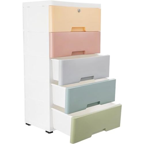 Plastic Drawers Dresser Storage Cabinet 5 Drawer Stackable Vertical Clothes Storage Tower, Bedroom Tall Small Chest Closet, Organizer Unit for Hallway Entryway Home (Macaroon)