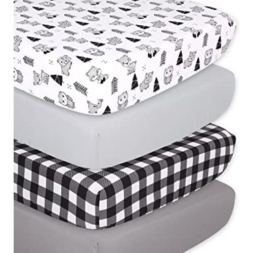 The Peanutshell Fitted Crib Sheet Set for Baby Boys or Girls - Unisex 4 Pack - Woodland Animals & Buffalo Plaid