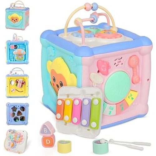 6-in-1 Baby Activity Cube for 1.5 Year Old, Educational Learning Fine Toy, Fast Learner Toddlers Activity Cube for Babies, Music & Light-Up Toy for Baby Girls and Boys, First Birthday Gifts