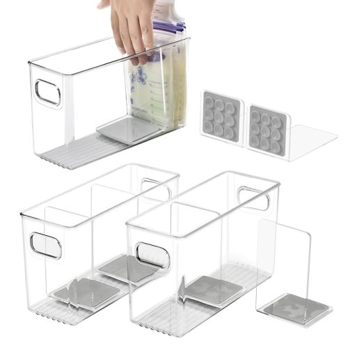 Breastmilk Storage Container with L Shaped Dividers to Flatten Standing Breast Milk Bags in Organizer Bins Save Refrigerator Space | 2 Containers with Removable Separator Boards - Gray