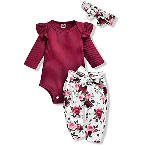 Aalizzwell Preemie Newborn Infant Baby Girls Clothes Ribbed Romper Bodysuit Pants Set Fall Winter Outfits