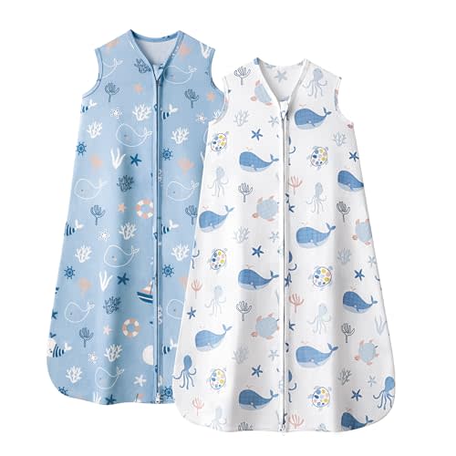 FIEMOL Baby Sleep Sack 6-12 Months, 0.5 TOG Wearable Blanket for Baby Boy and Girl, 2-Way Zipper Newborn and Infant Sleeping Bag 2 Pack, Lightweight Sleep Sacks Blue Whale（Medium）