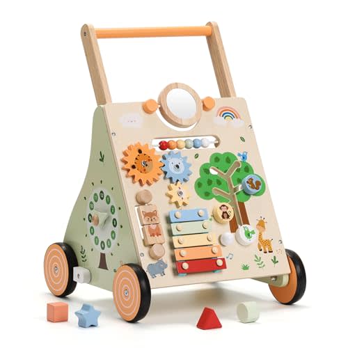 SainSmart Jr. Wooden Baby Walker, Adjustable Height and Speed Baby Push Walker, Montessori Activity Center for 6-12 Months, Push Walking Toys for 1 Year Old Boys Girls Learning to Walk, Animal Theme
