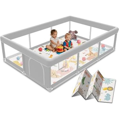 74x50 Inch Baby Playpen with Mat, Playpen with Cute Mat for Babies and Toddlers Play Pen Playards Safety Gate Fence Active Center Indoor