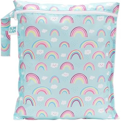 Bumkins Waterproof Wet Bag for Baby, Travel, Swim Suit, Cloth Diapers, Pump Parts, Pool, Beach, Gym Clothes, Toiletry, Hook to Stroller, Daycare, Zipper Reusable Wetdry Packing Pouch, Rainbows Blue