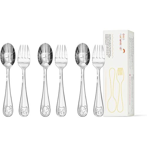 KINGSTONE Toddler Utensils Set, 6-Piece Small Forks & Spoons, 18/10 Stainless Steel, Cat & Dog Print, Ergonomic Self-Feeding Kids Flatware for Home, Travel & Preschool