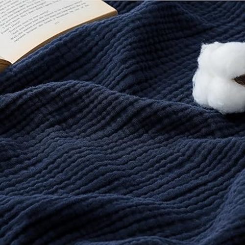 Bedsure 100% Cotton Muslin Blanket Queen Size for Bed - 4-Layer Breathable and Lightweight Thin Soft Summer Gauze Muslin Blankets for Adults, Navy Blue, 90x90 Inches