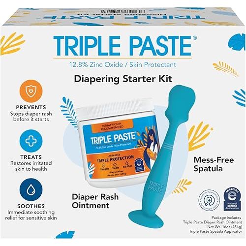 Triple Paste Diaper Rash Cream and Spatula Bundle - 16 oz Zinc Oxide Ointment and Spatula Treatment, Soothe and Prevent Rash with a Pediatrician-Recommended Hypoallergenic Formula