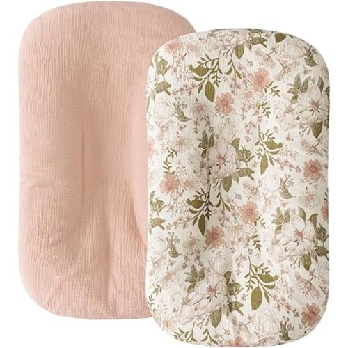 Little Jump Cotton Muslin Baby Lounger Covers, 2 Pack, Soft Removable Slipcovers for Newborn Infant Lounger, for Girls Boys (Blossom)