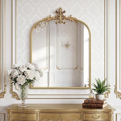 Arched Wall Mirror - 24"x32" Vintage Retro Gold Baroque Mirror with Beaded Metal Frame, Antique Ornate Wall Decorative Mirrors for Bathroom, Fireplace, Living Room, Hallway, Bedroom