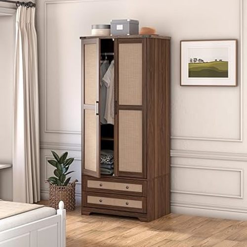 Brafab Armoire Wardrobe Closet with 2 Rattan Doors, 71" Farmhouse Tall Freestanding Coat Closet Wardrobe Cabinet with Drawers and Hanging Rail, Wooden Armoire Storage Cabinet with Shelf for Bedroom