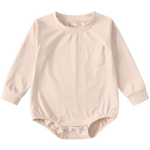 Jimonda Baby Boy Girl Bubble Romper Long Sleeve Cotton Crewneck Sweatshirt with Pocket,Solid Color Bodysuit Newborn Outfit