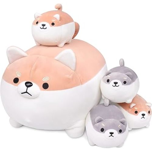 Shiba Inu Plush, 5 PCS Shiba Inu Stuffed Animal Family, 16" Corgi Plushie Cute Soft Plushies Pillow Toy Anime Kawaii Plush Soft Corgi Pillow,Dog Mommy with 4 Puppies Toy Gifts for Boys Girls