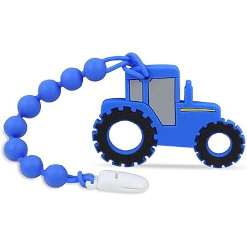 Baby Tractor Teething Toys,Food Grade Silicone Teether with One-Piece Pacifier Clip Holder,Highly Effective Pain Relief for 3 Months+ Boy and Girl,BPA Free,Freezer Safe. (Blue)