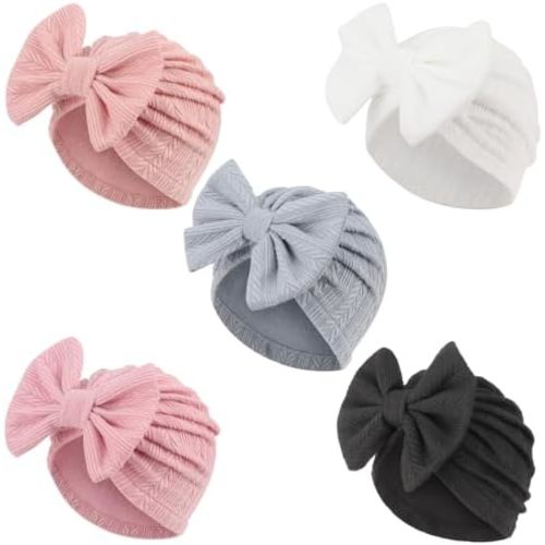 DRESHOW BQUBO 5 Pieces Newborn Baby Turban Hats Bow Baby Infant Beanie Breathable Toddler Cap for Baby Girls