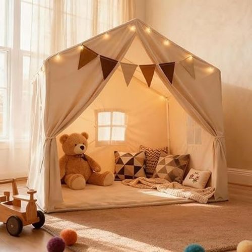 Kids Play Tent, Indoor Playhouse with Mat/Star Lights/Flag - Large 57"x36"x52" Play Tent for Kids, Reading Nook & Playroom Canopy for Boys and Girls