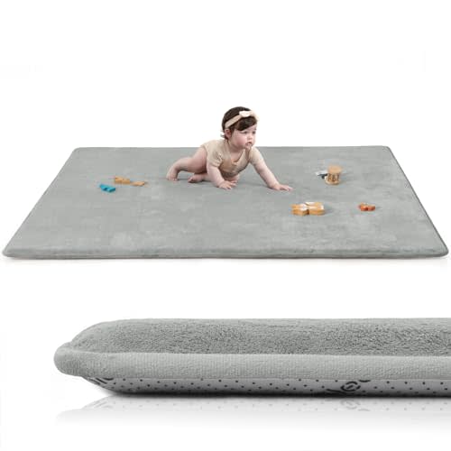 Baby Play Mat for Floor,Extra Large 59"×71" Tummy Time Mat,Thicker Memory Foam Mats for Toddler,Infant,Kid,Water Repellent Ultra Soft Coral Velvet,Non-Slip Backing Safe for Crawling(Light Grey)
