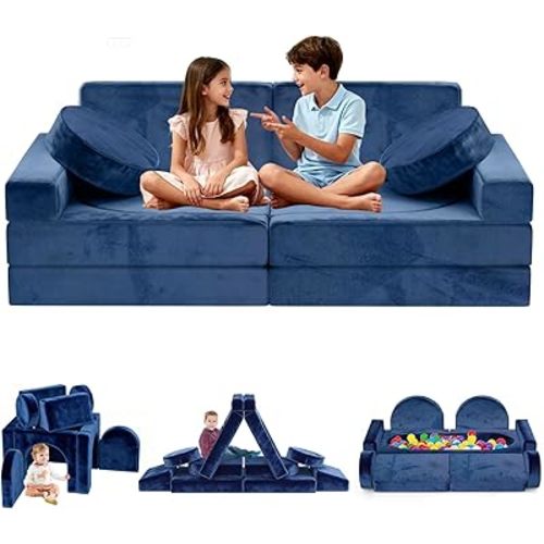 12pcs Modular Kids Play Couch - CPC Certified Convertible Toddler Sectional Sofa, Washable Durable Foam Floor Cushion for Kids Playroom (Play Fort/Castle)